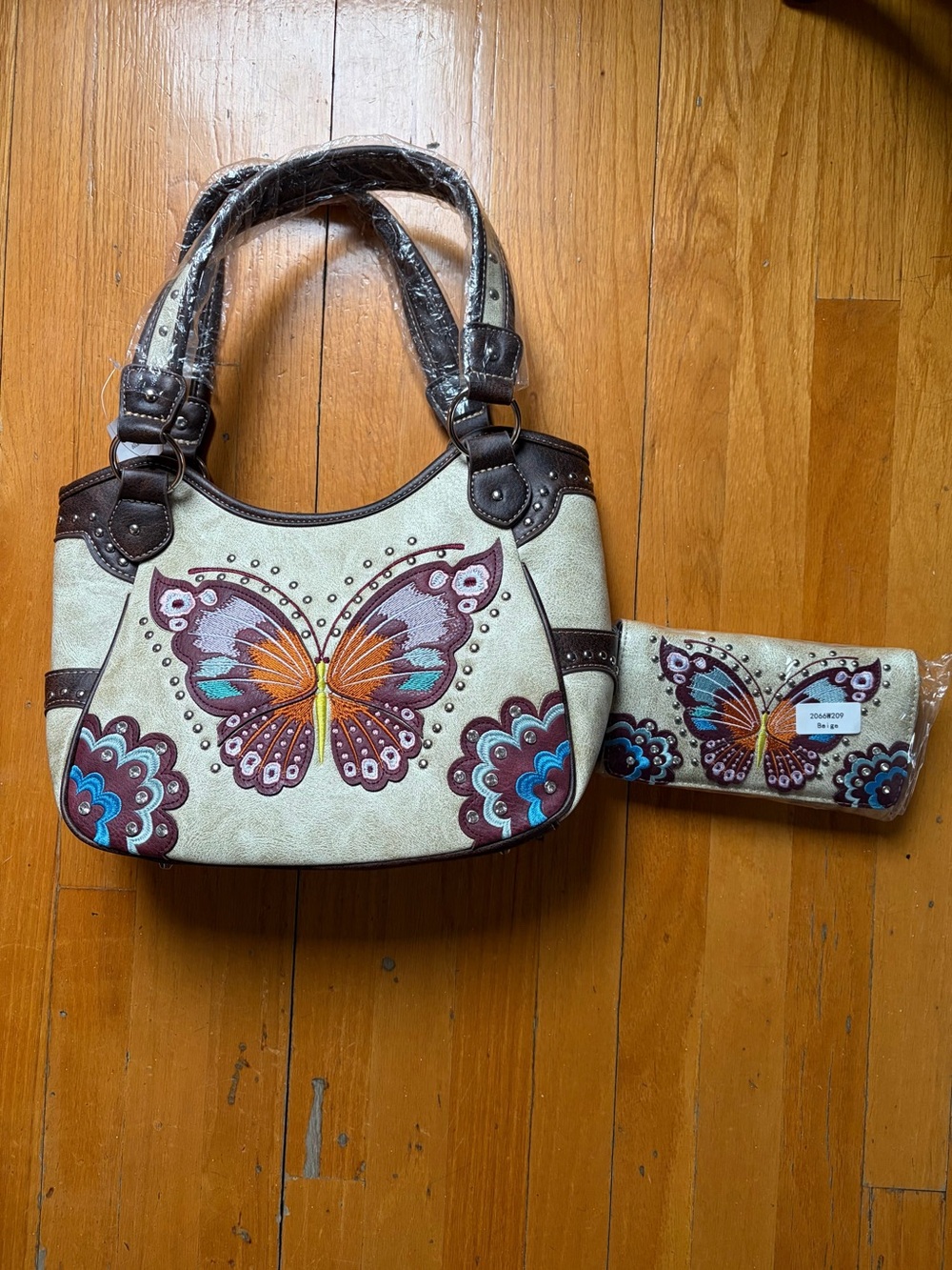 Butterfly Embroidered Tote Bag and Wallet - Cream and Brown